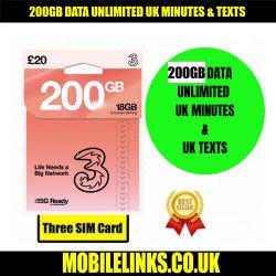 200GB Data Three UK SIM Card Pay As You Go With Unlimited Mins & Texts - GO ROAM